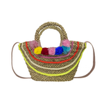 Wicker beach bag with colorful pom-pom in 3 shades