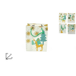 Christmas white gift bag with 4 themed designs in gold and turquoise 18x10x23cm