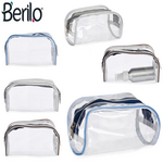 Transparent toiletry bag with dark colored details in 3 colors