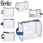 Transparent square toiletry bag with dark colored details in 3 colors