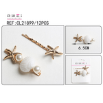 Set of 2 hairpins with a length of 6.5cm with pearls and shells in golden color
