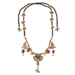 Ethnic necklace handmade, fluctuating, with antique metal shells and natural stones, in gold color
