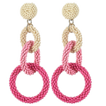Handmade knitted earrings from beads 8cm long in shades of pink