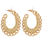 Earrings metal oval rings 4,5cm with chain design, decorated with thread, in gold color