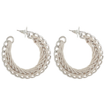 Earrings metal flat rings 5cm, with chain design, decorated with thread, in silver color